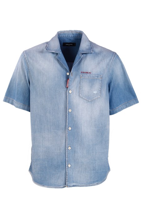 Shop DSQUARED2  Shirt: DSQUARED2 denim bowling shirt.
Short-sleeved shirt in stretch denim.
Bowling collar.
Patch pocket on the chest.
Lettering embroidered above the pocket.
Button closure.
Contrasting stitching.
Rounded bottom.
Composition: 98% Cotton 2% Elastane.
Made in Italy.. S74DM0798 S30341-470